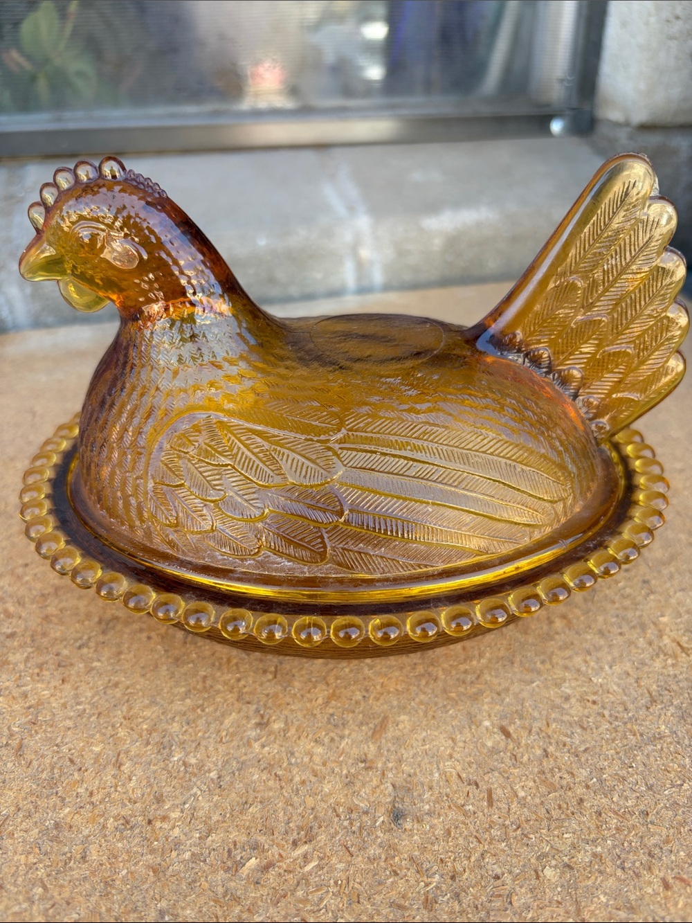 Indiana Glass Amber Hen on Nest Covered Dish